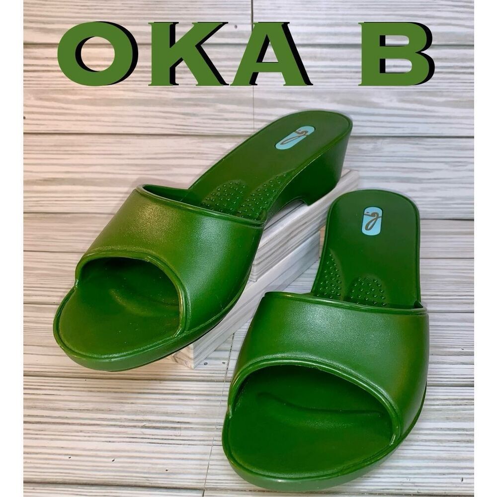 Oka B Slide Slip On Open Toe Heels In Army Green - image 1